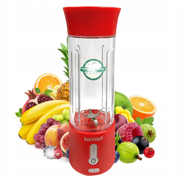 Екологичен пасатор, beWell, 500мл, безжичен, 6 остриета от неръждаема стомана, червен