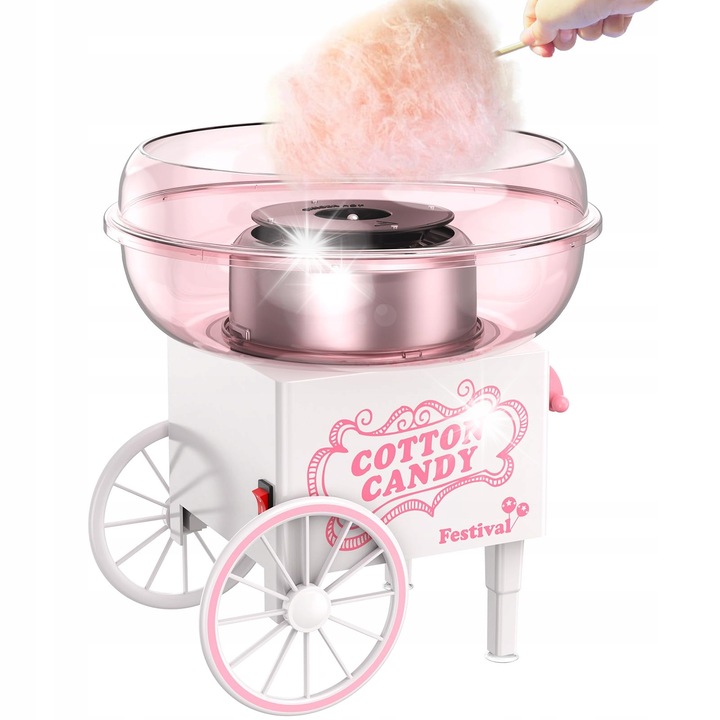Masina de facut vata de zahar, 500W, roz, set complet cu lingura si instructiuni