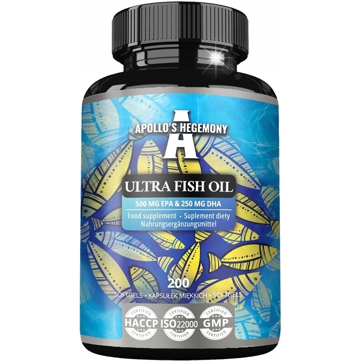 Ulei de peste Ultra 1000mg, 200 capsule gelatinoase, Omega 3, 500mg EPA, 250mg DHA