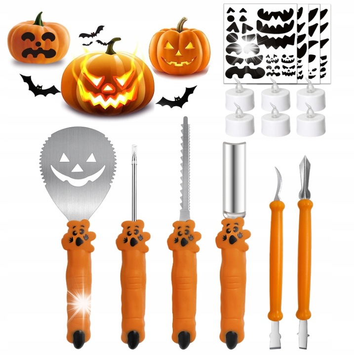 Комплект от 15 части за изрязване на тикви, 6 инструмента от неръждаема стомана, 5 LED свещи, 4 светещи в тъмното татуировки