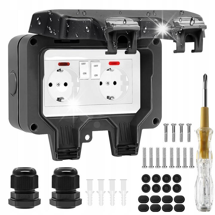 Priza dubla externa, cu intrerupator, IP66 impermeabila, negru, set complet