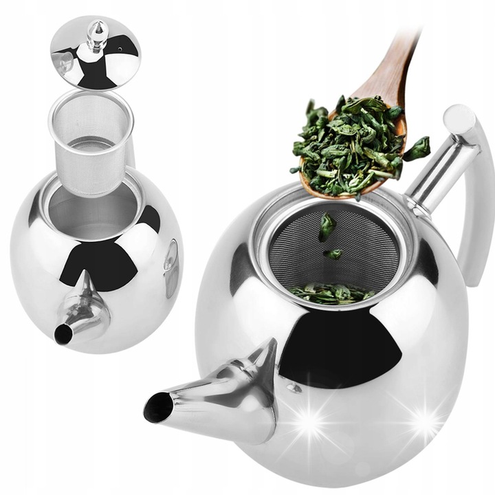 Ceainic din inox, 1500 ml, cu filtru detasabil, argintiu