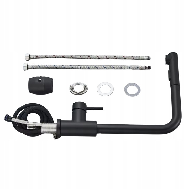 Кухненски санитарен смесител 3 в 1, височина 36 см, с прибиращ се накрайник и филтрирана вода, черен