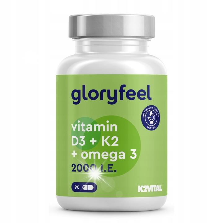 Supliment alimentar, Vitamina D3+K2 MK7 si Omega 3, Gloryfeel, 90 capsule, fara lactoza, vegetarian, 2000 IU