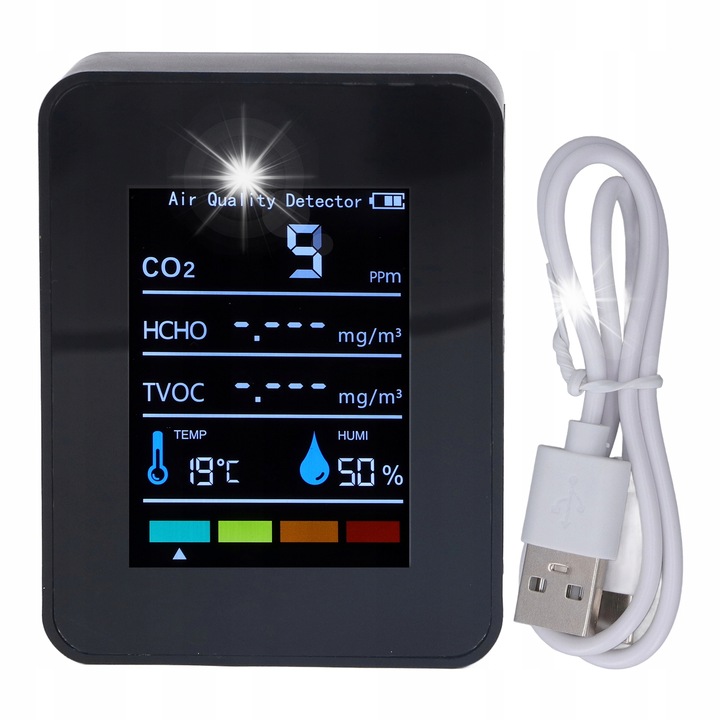 Monitor calitate aer 5 in 1, CO2, TVOC, HCHO, temperatura, umiditate, 400-5000 ppm, 0-50°C, 0-99% umiditate, set complet