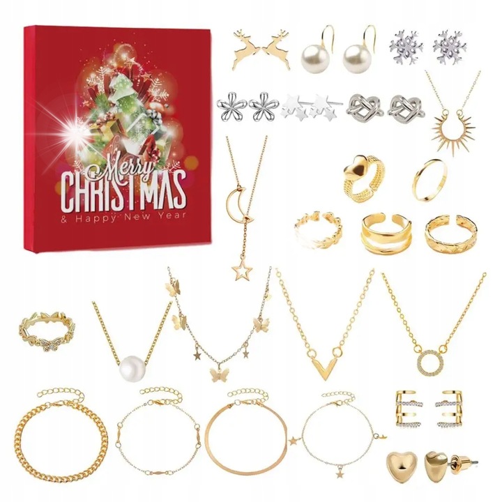 Calendar Advent 2024 Set Bijuterie pentru Femei, 24 Elemente, Colier, Cercei, Inel