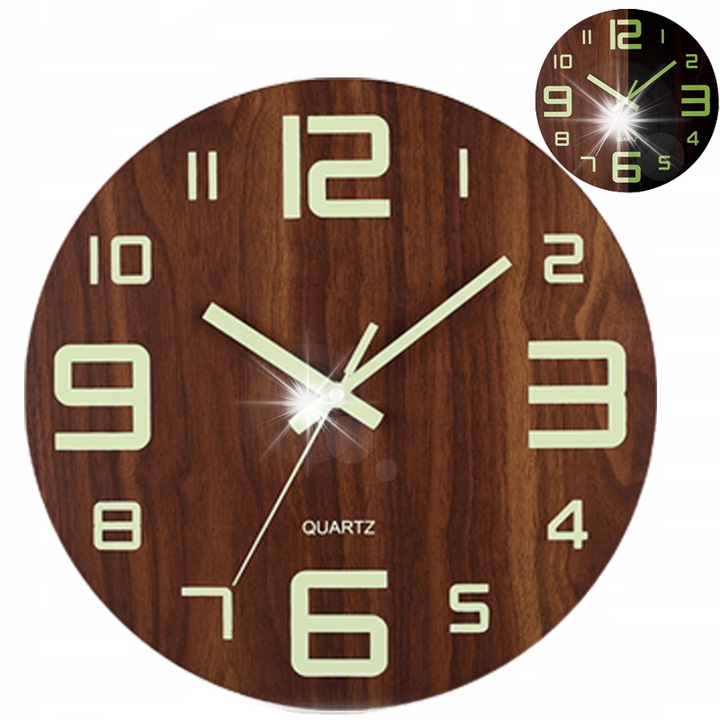 Kerek dekoratív faóra, világító számlap, 20 cm, modern design, többszínű