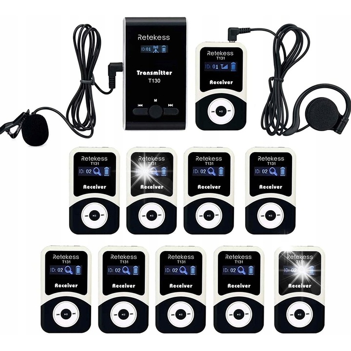 Аудио система за екскурзовод, Retekess T130-T131, 1 предавател и 10 приемника, 99 канала, 60м