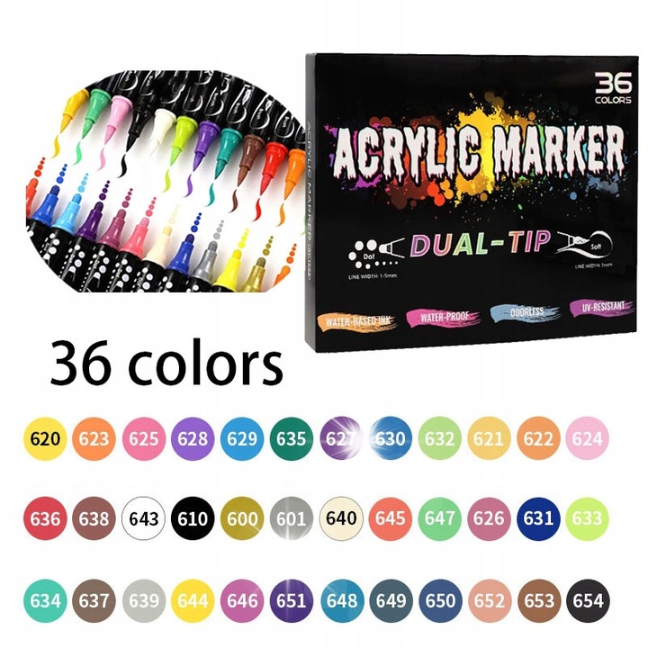 Комплект акрилни маркери 36 цвята, с двоен връх, водоустойчиви, за изкуство и дизайн