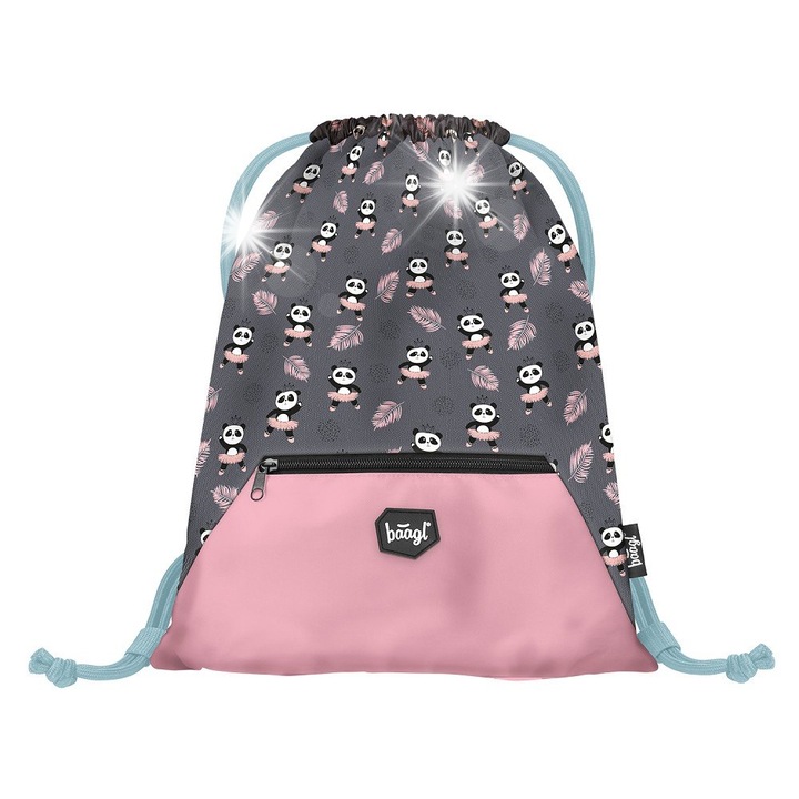 Раница BAAGL, за тренировки или обувки, сива, с принт панда, размери 30x45cm