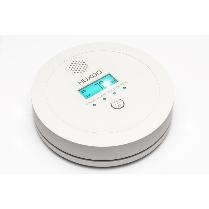 Detector de monoxid de carbon HUXGO, alarma sonora 85 dB, display LCD