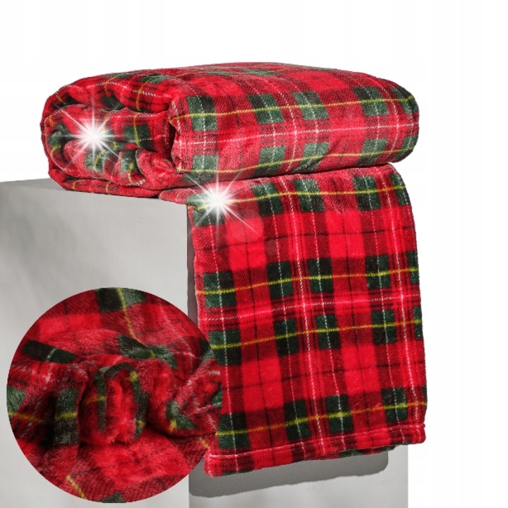 Patura CIEPLY, home&you, 150x200cm, rosie, cu model in carouri verzi