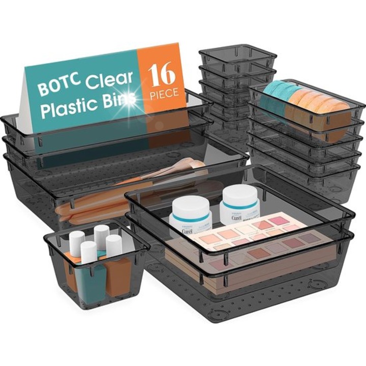 Set 16 organizatoare transparente pentru sertare, diverse dimensiuni, plastic, pentru bucatarie, birou, baie