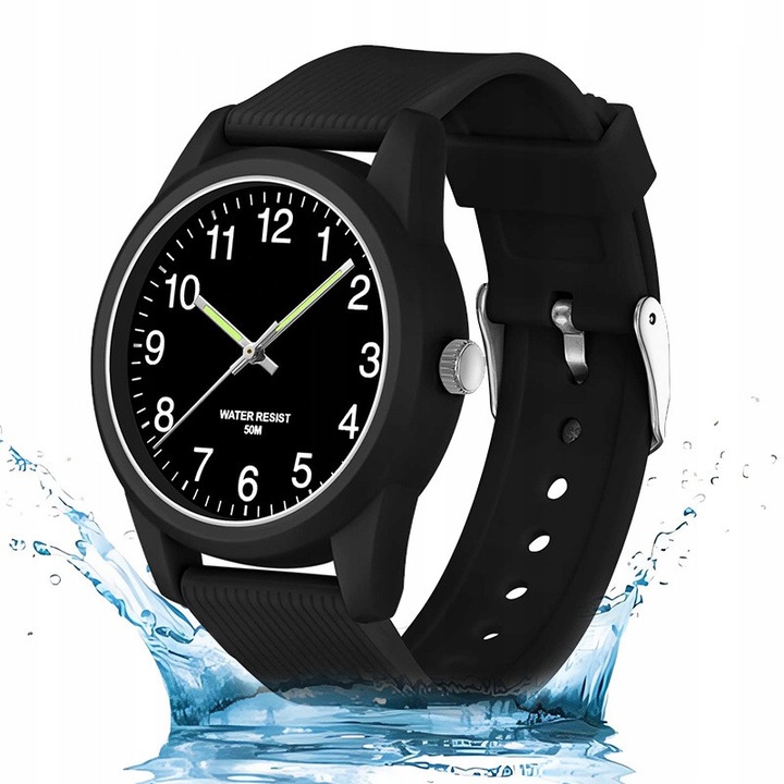 Ceas analogic pentru copii, negru, 50m rezistent la apa