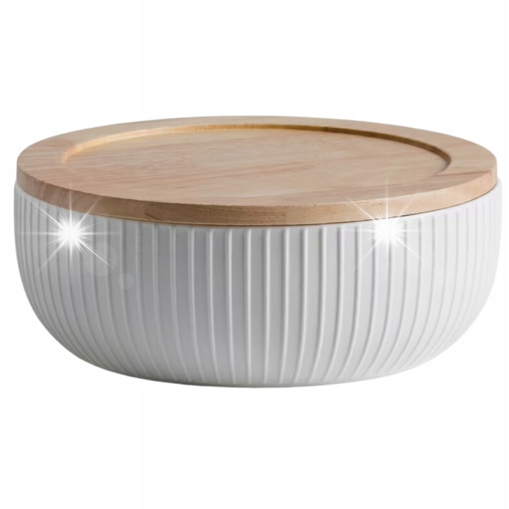 Bol de portelan Misa Linioso, cu capac din lemn, alb, 22x9cm