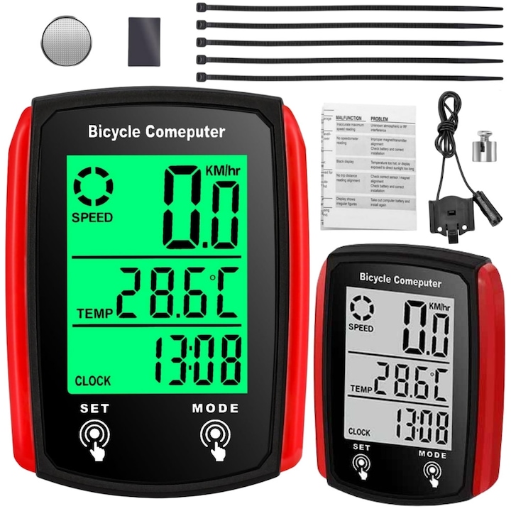 Kerékpár sebességmérő, érintőképernyős sebességmérő háttérvilágítással, VÍZÁLLÓ LCD KERÉKPÁR SEBESSÉGMÉRŐ 22 FUNKCIÓS ELEMES MŰKÖDÉSŰ