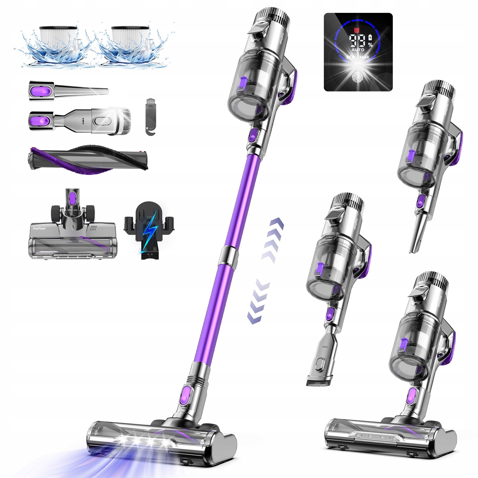 Aspirator vertical FixtFixer V10, 500W, 80 minute autonomie, filtru HEPA, violet, 1.1L