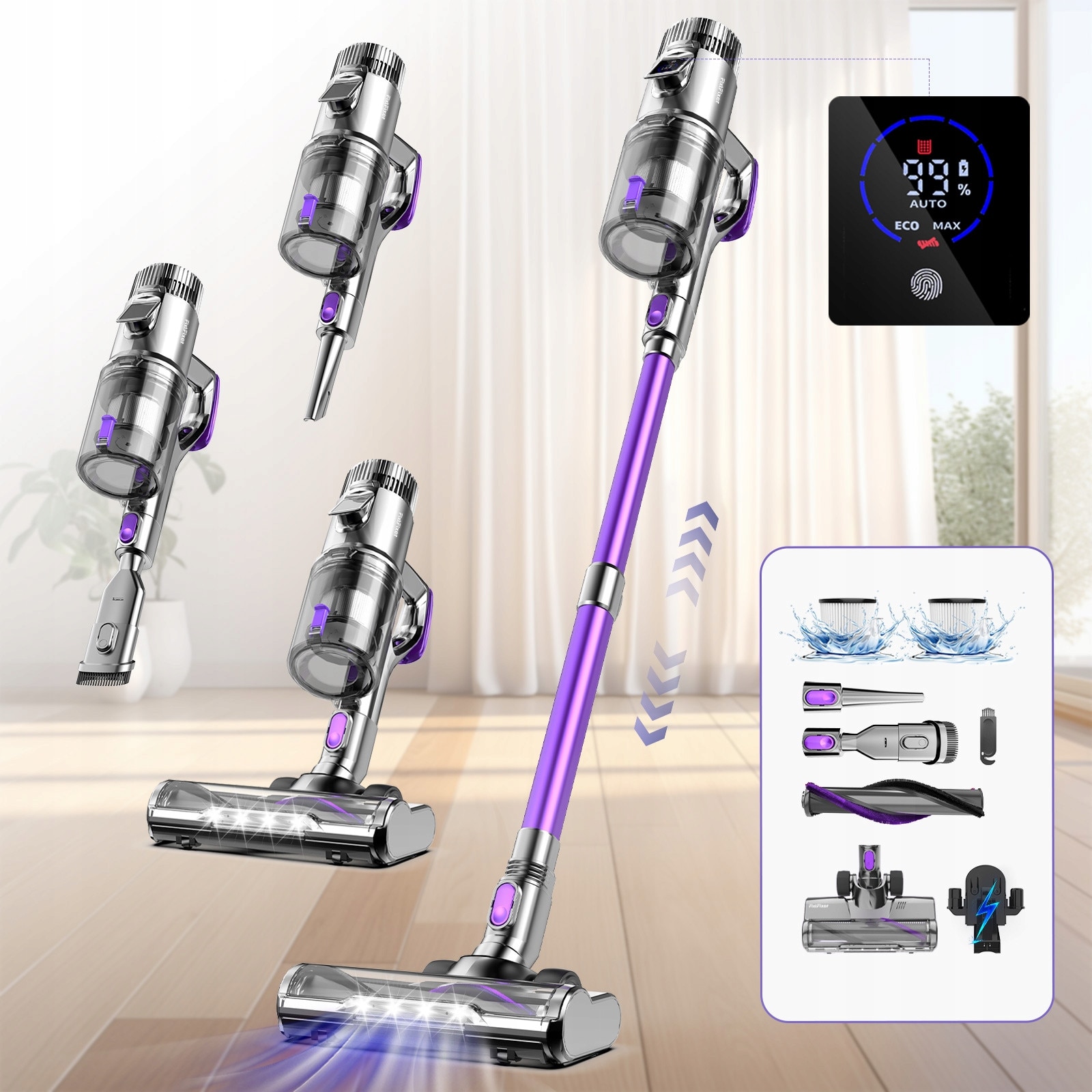 Aspirator vertical FixtFixer V10, 500W, 80 minute autonomie, filtru HEPA, violet, 1.1L