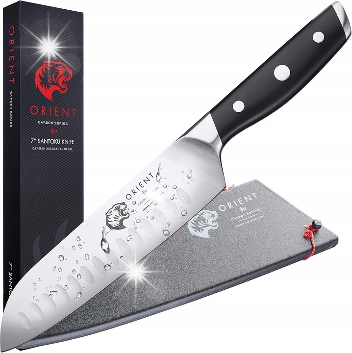 Cutit Santoku, Orient, 18 cm, din otel X50 Ultra+, ergonomic, cu husa de protectie, negru