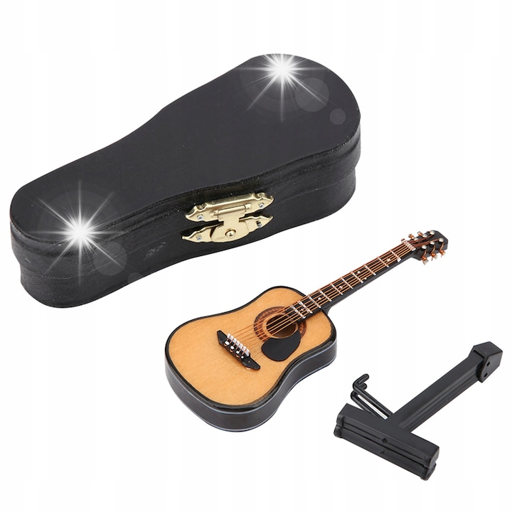 Set miniatura chitara din lemn, suport si sopron, 10x3.7x1.3cm