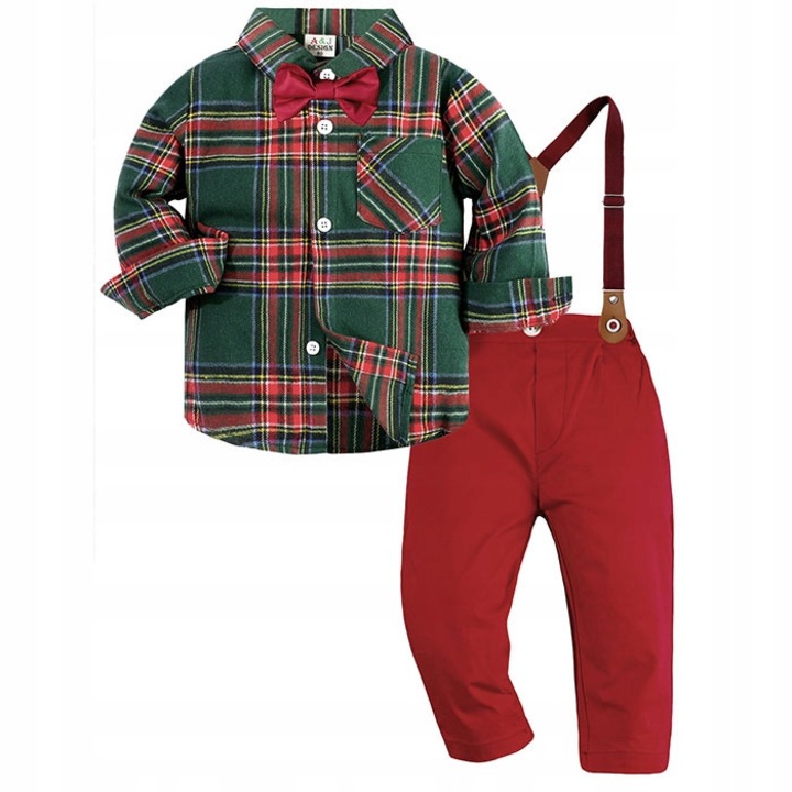 Set costum de Craciun pentru baieti, 4 piese, camasa verde in carouri, pantaloni rosii, bretele reglabile, papion detasabil