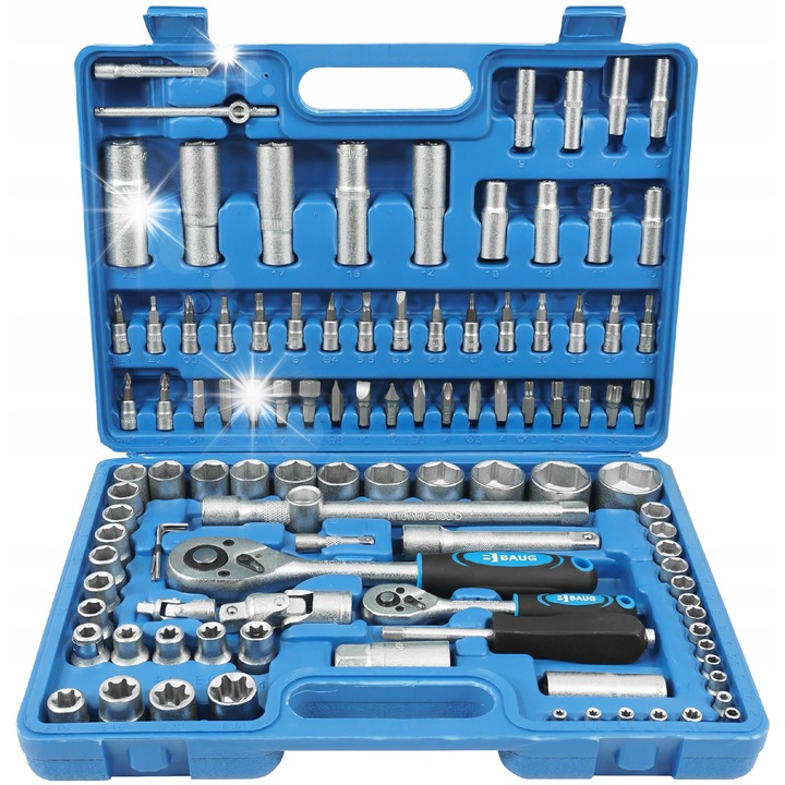 Set chei 108 piese Baug, chei cu clichet, capete 1/4" si 1/2", valiza solida