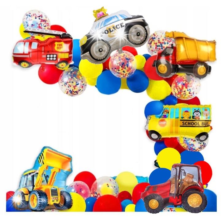 Комплект балони за рожден ден превозни средства, фолиев балон полиция 50x70см, фолиев балон камион 64x78см, латексов балон жълт 30см, латексов балон син 30см, латексов балон червен 30см, латексов прозрачен балон с конфети 30см