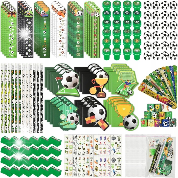 Set 216 Piese Accesorii Petrecere Fotbal, Notite Mini, Creioane, Gume, Bratari, Stickere, Randuri, Pungi Transparenta