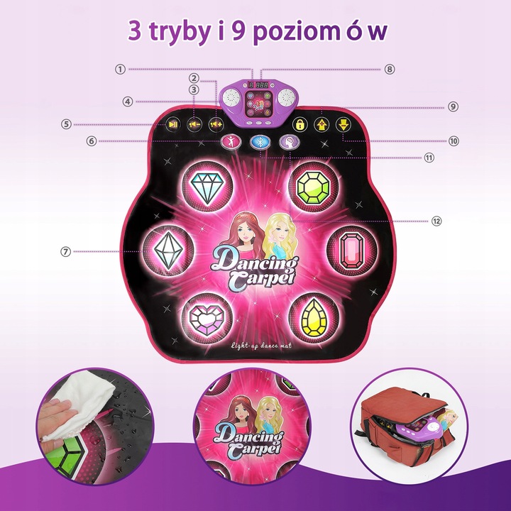 Covoras de dans interactiva pentru copii, 27 niveluri dificultate, Bluetooth, LED