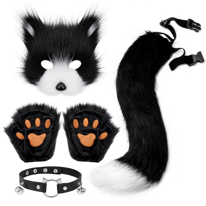 Set accesorii costum carnaval, model vulpe, blana/plus, negru/alb