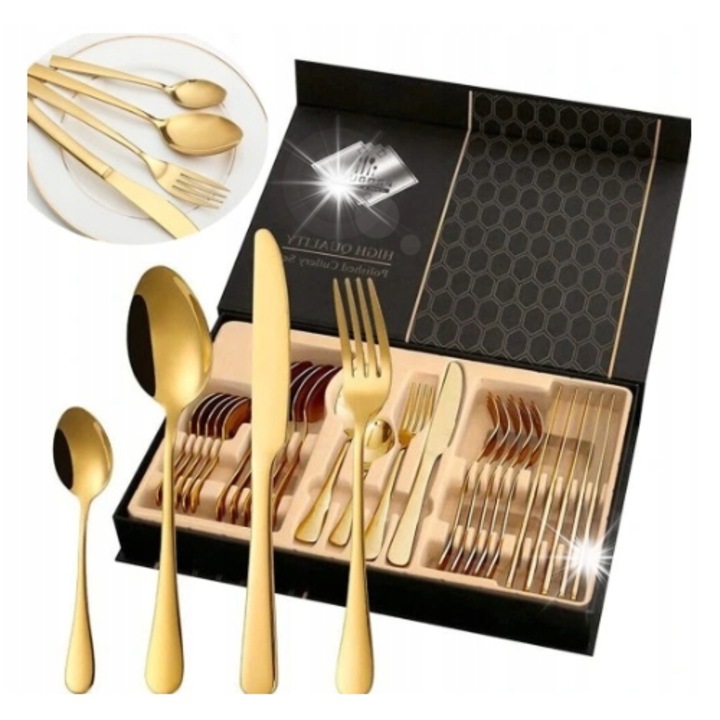 Комплект 24 прибора за хранене от неръждаема стомана, елегантен дизайн, златист финиш, за 6 души
