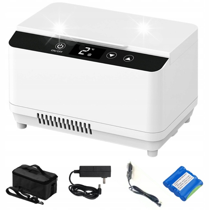Frigider portabil mic, Chigoods, 2-18°C, 22.5x14.5x14.2cm, alb, cu 2 baterii