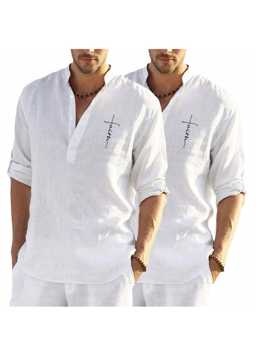 Мъжка риза, навити ръкави, бяла, памук и лен, вталена кройка