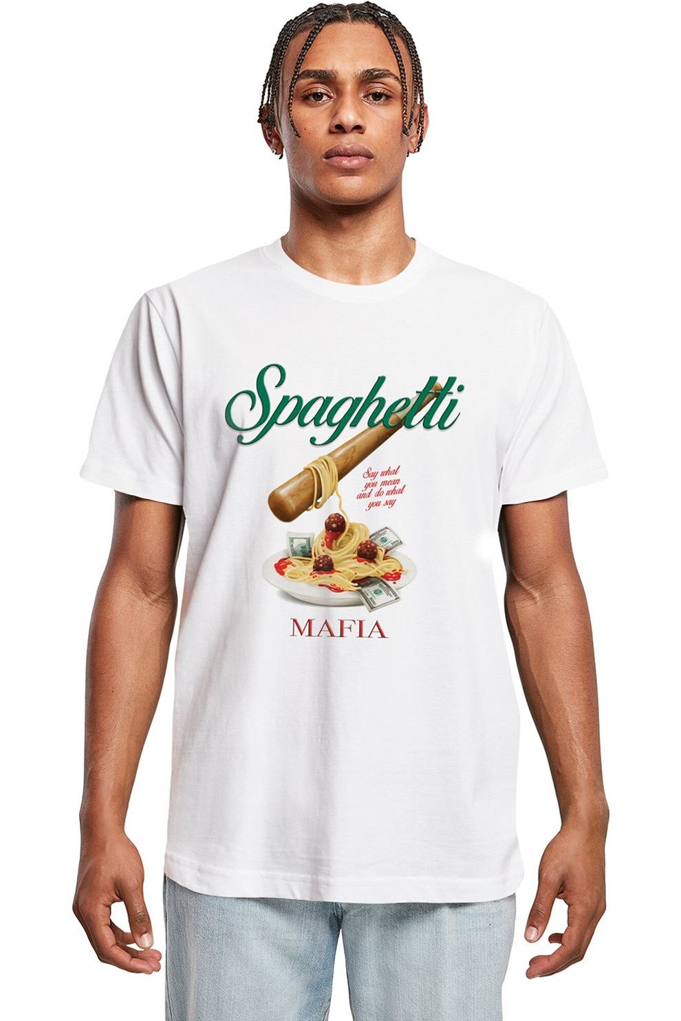 Mister tee, Tricou cu decolteu la baza gatului si imprimeu, Alb, XS