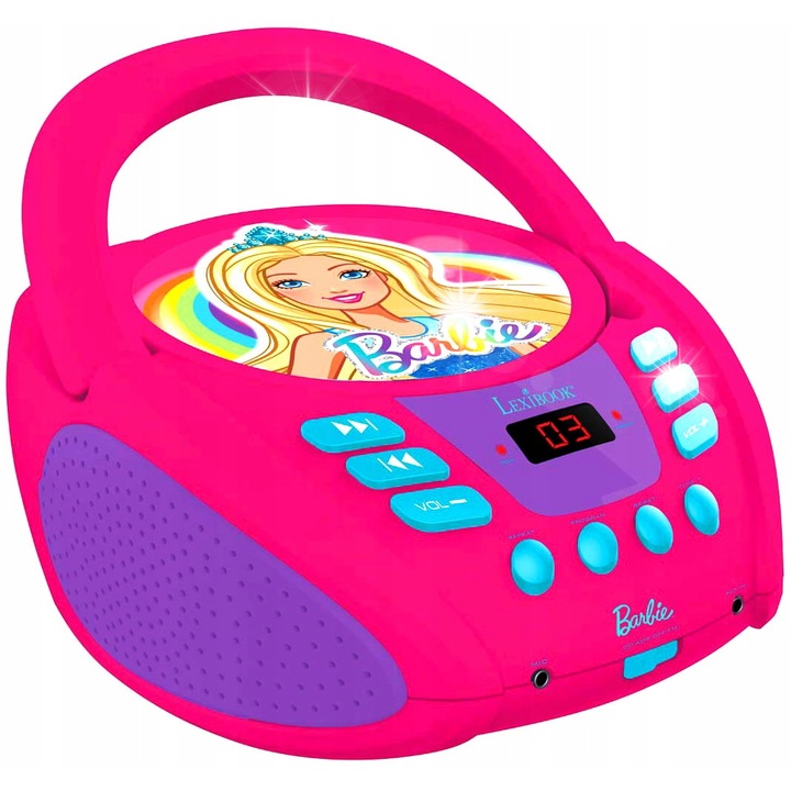 Gyerek boombox, Barbie, Lexibook, CD, FM rádió, 20,3x23,8x11,8cm, tápkábellel