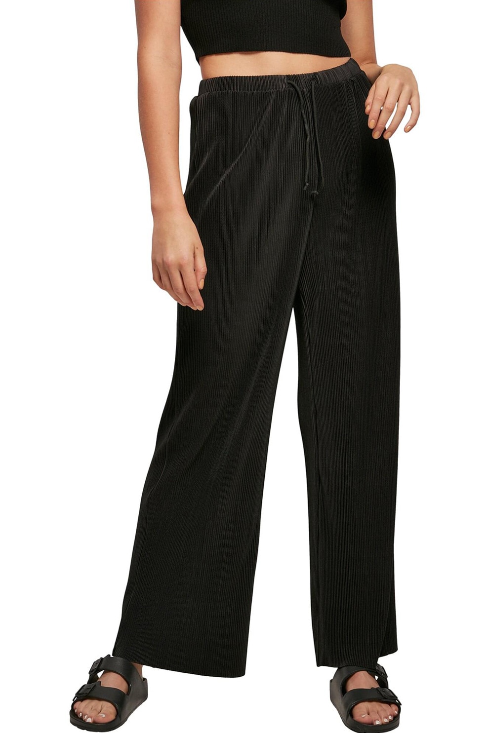 Urban Classics, Pantaloni striati cu croiala dreapta si snur de ajustare, Negru, L