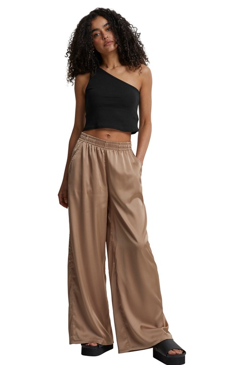 Urban Classics, Pantaloni din satin cu croiala ampla si banda elastica in talie, Maro inchis, XL