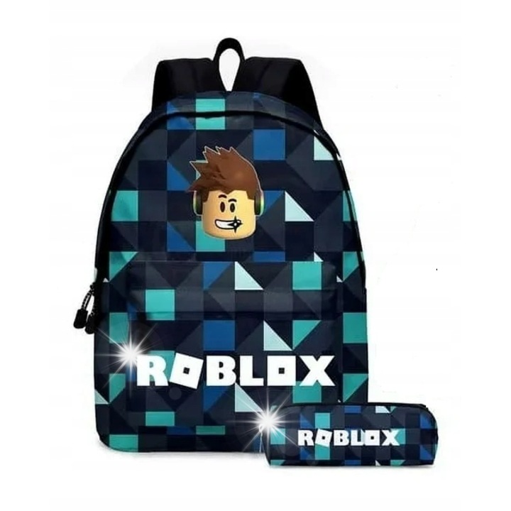 Ghiozdan si set de etui pentru creioane CANN, geometric, albastru si negru, 40x31x17cm, unisex