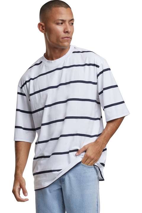 Urban Classics, Tricou supradimensionat cu model in dungi, Albastru ultramarin/Alb optic