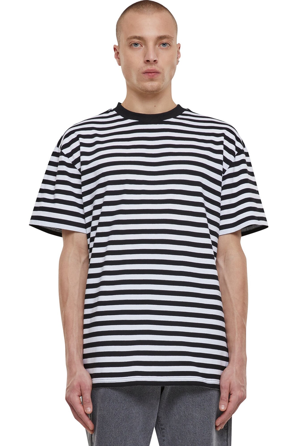 Urban Classics, Tricou lejer cu model in dungi, Negru, Alb optic, XL