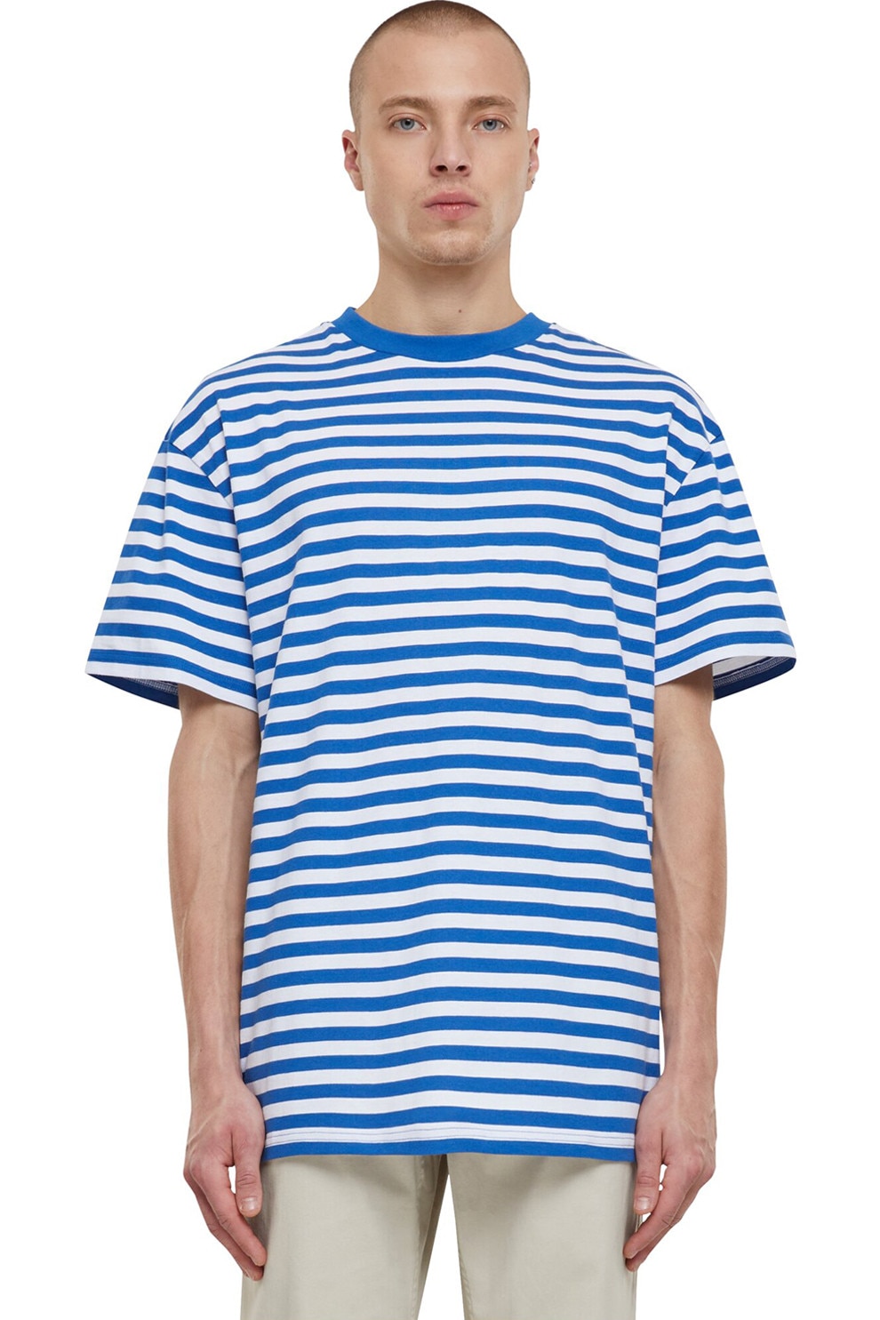 Urban Classics, Tricou lejer cu model in dungi, Alb, Albastru royal, M