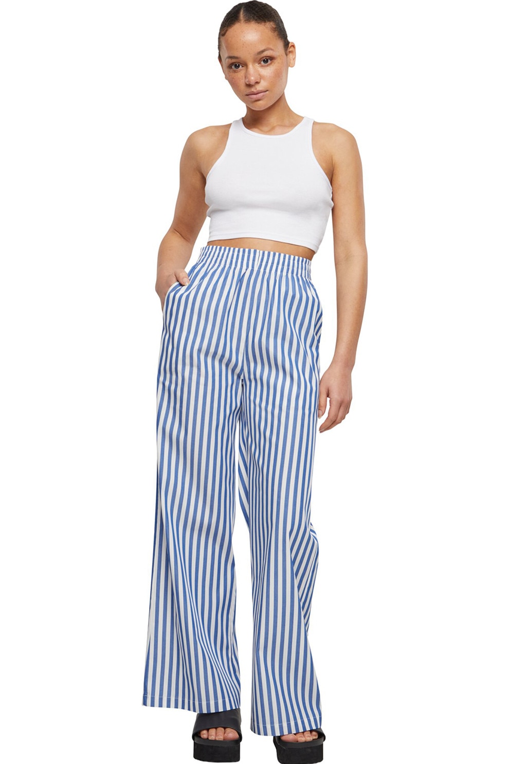 Urban Classics, Pantaloni cu talie inalta si model in dungi, Alb, Albastru, M