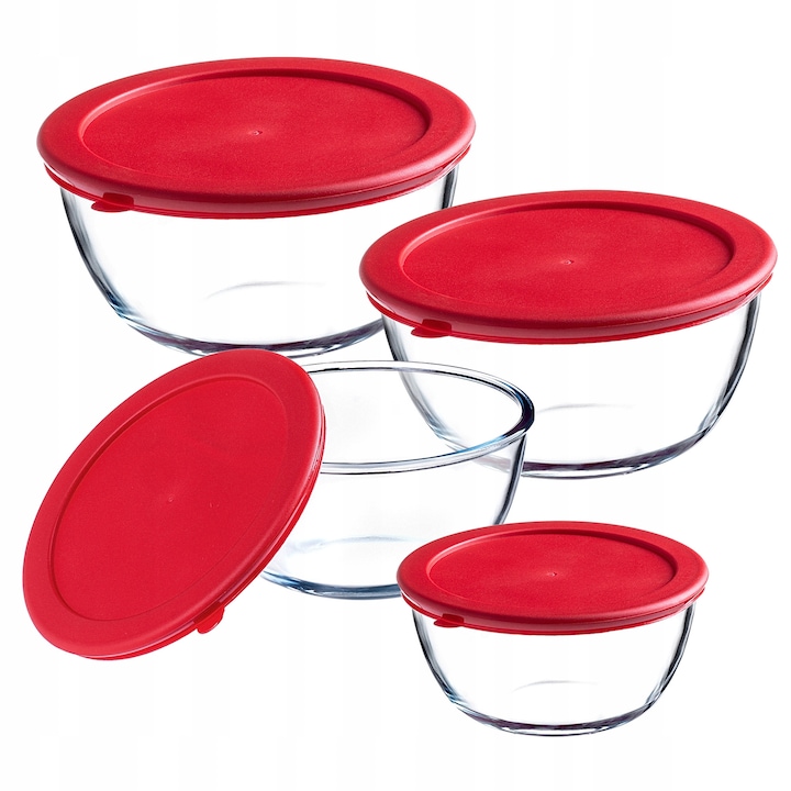 Kadax 4 db hőálló tálkészlet, boroszilikát üveg, fedővel, átlátszó és piros, 0,5L-2L