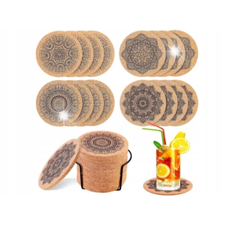 Set 12 suporturi pentru bauturi din pluta, cu design mandala, culoare lemn, dimensiune standard