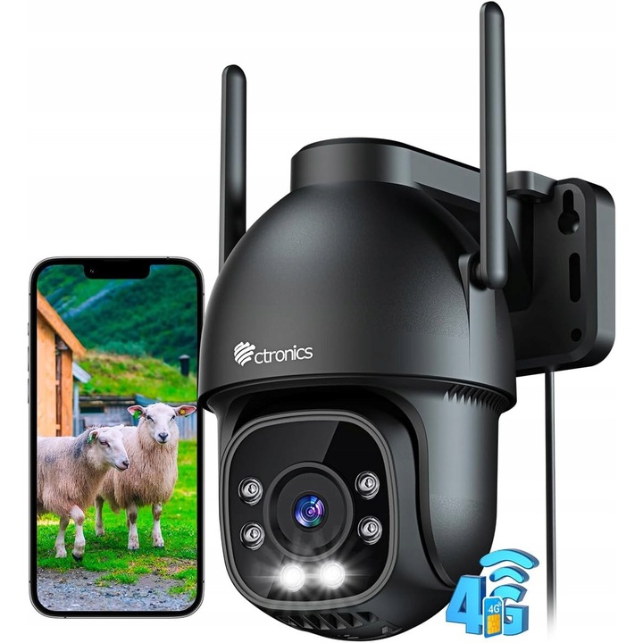 Camera de supraveghere exterioara Ctronics 3G/4G LTE, rotativa PTZ, 1080p, vedere nocturna 30m, cu SIM