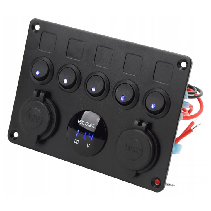 Panou de control multifunctional 12V/24V, 5 comutatoare, incarcator USB, voltmetru, IP65, negru