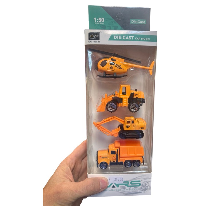 Set 4 vehicule constructii 1:50 Die-Cast metal, elicopter + utilaje