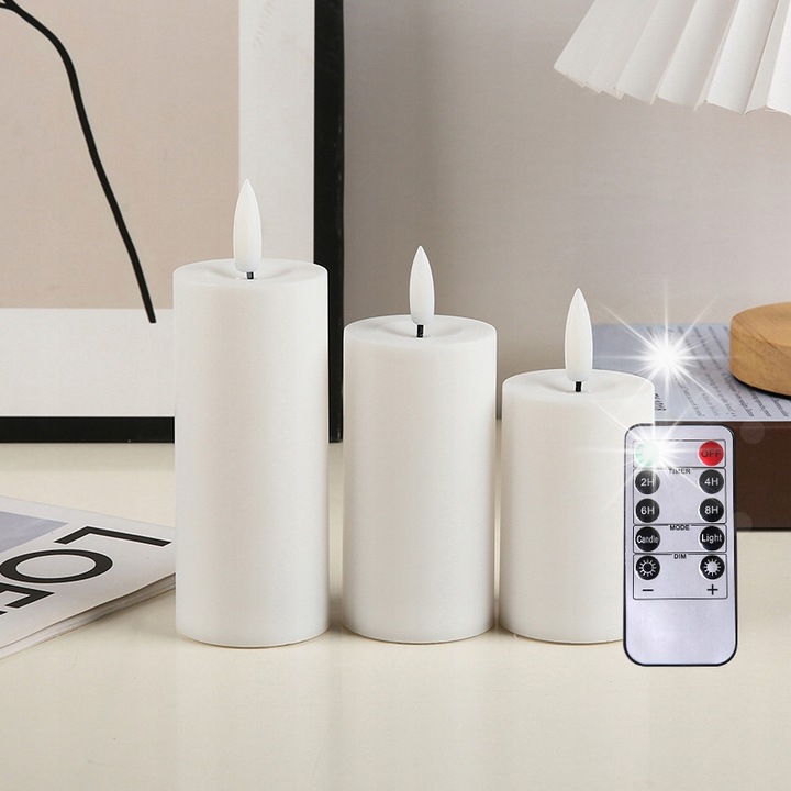 Set 3 lumanari LED, impermeabile, cu telecomanda, alb, pentru interior si exterior