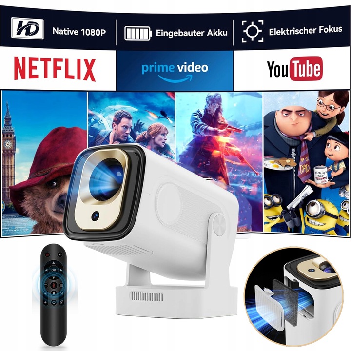 Videoproiector portabil, 1080P FHD, 250 ANSI Lumeni, Sistem Android, alb, 65W, 1920x1080dpi, 1x1KG