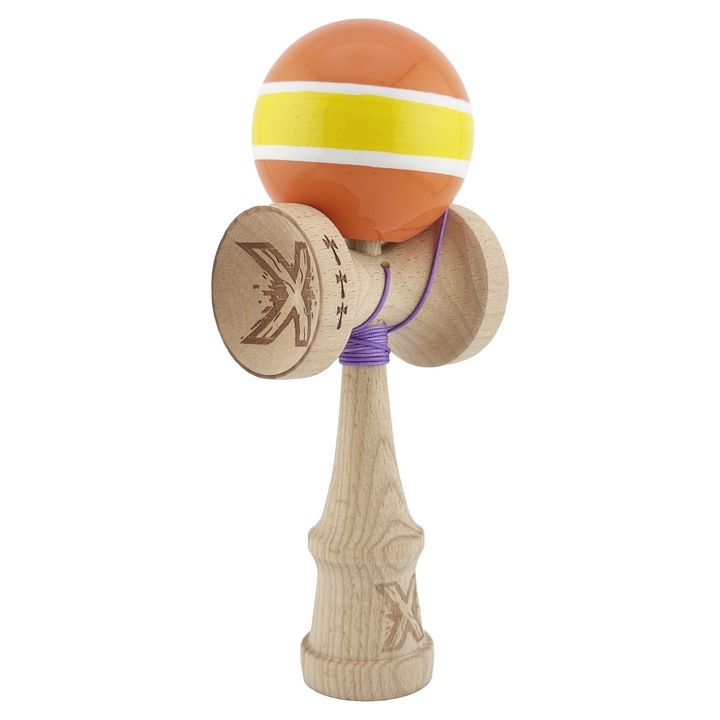 Kendama X Originala, Profesionala, Big Cups V2, Super Sticky Legendary Cupe Mari, Rulment Metalic cu Ata 55 cm, Portocaliu/Galben/Alb